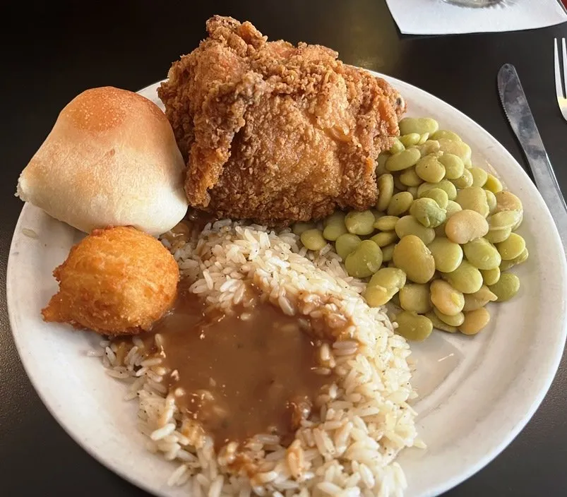 Fried chicken plate with butter beans, rice w gravy at the Mecca, Raleigh - nctriangledining.com