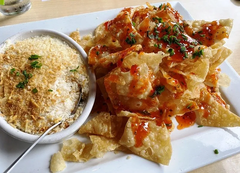 Wonton chips and crab dip at Cowfish Sushi and Burger Bar in Raleigh - nctriangledining.com