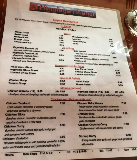 Lunch menu at Himalayan Range in Cary- NC Triangle Dining