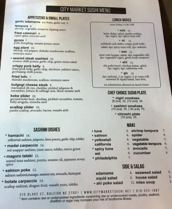Menu for City Market Sushi, Raleigh - NC Triangle Dining