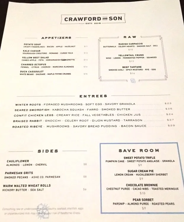 Menu at Crawford and Son in Raleigh - NC Triangle Dining