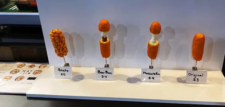 Korean hot dog display at the new Mat-Jib food stall at H Mart in Cary - nctriangledining.com