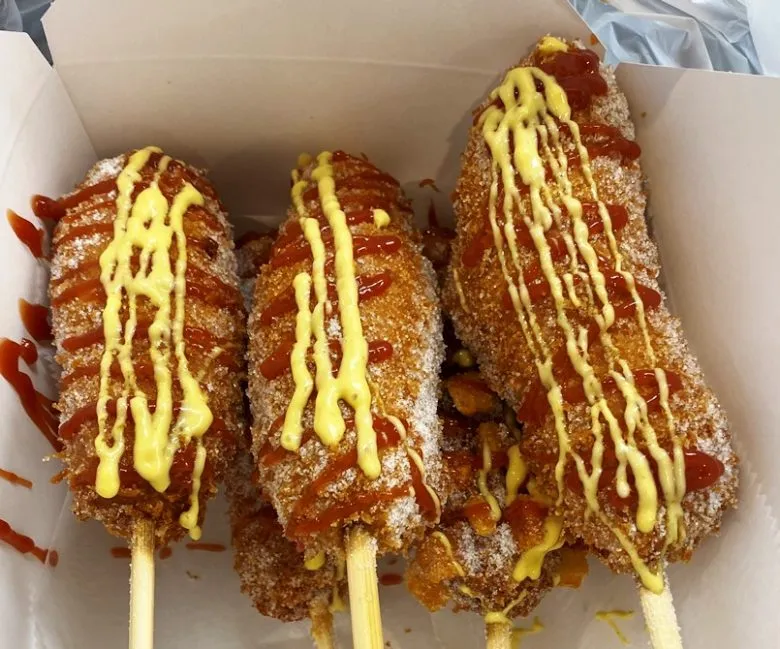 Korean hot dogsat the new Mat-Jib food stall at H Mart in Cary