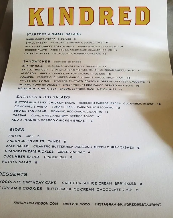 Kindred menu in Davidson, NC - nctriangledining.com