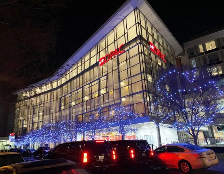 The Durham Performing Arts Center at dusk - nctriangledining.com