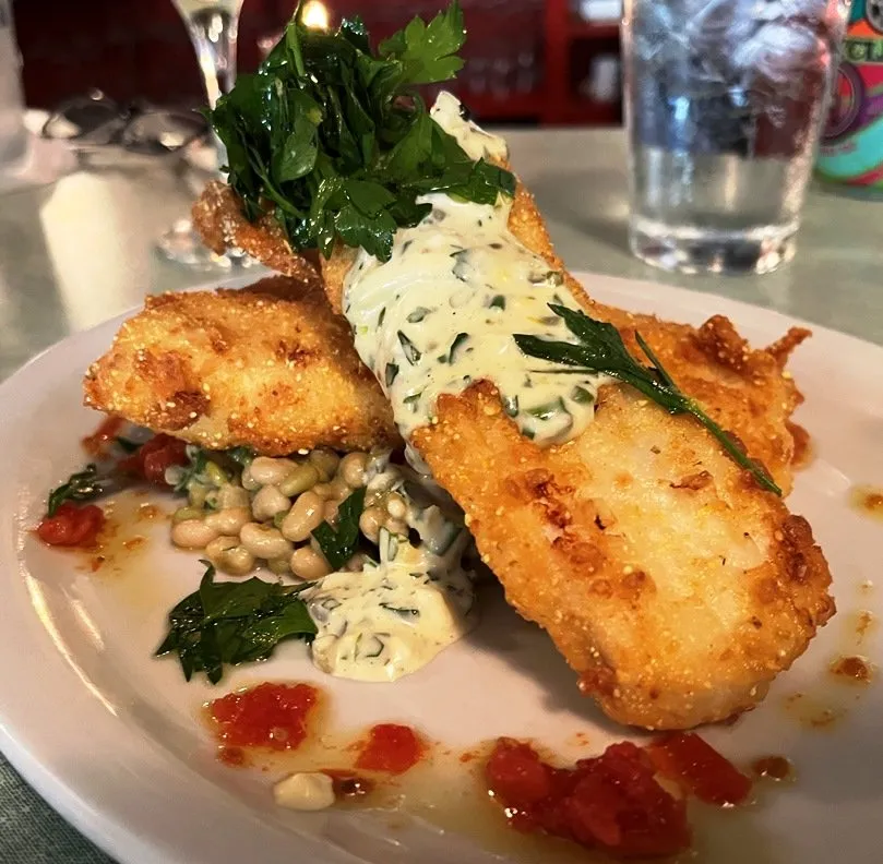Fried flounder over field peas at Poole's Diner in Raleigh - nctriangledining.com