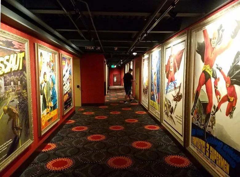 Colorful hallways at Alamo Drafthouse in Raleigh - nctriangledining.com