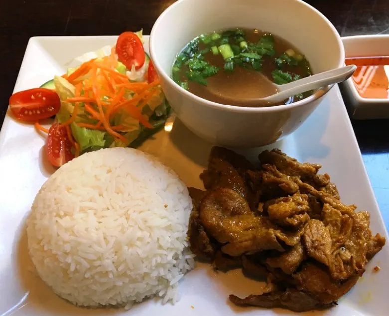 Grilled pork rice plate with broth at Anise Pho, Raleigh - nctriangledining.com