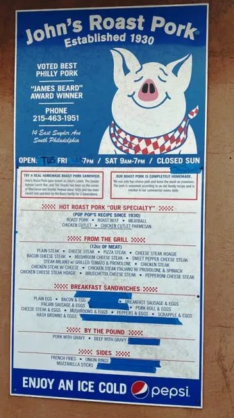 Menu at John's Roast Pork in Philadelphia - nctriangledining.com
