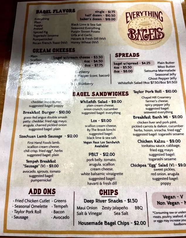 Everything Bagels menu prices June 2023 at the Durham Food Hall - nctriangledining.com