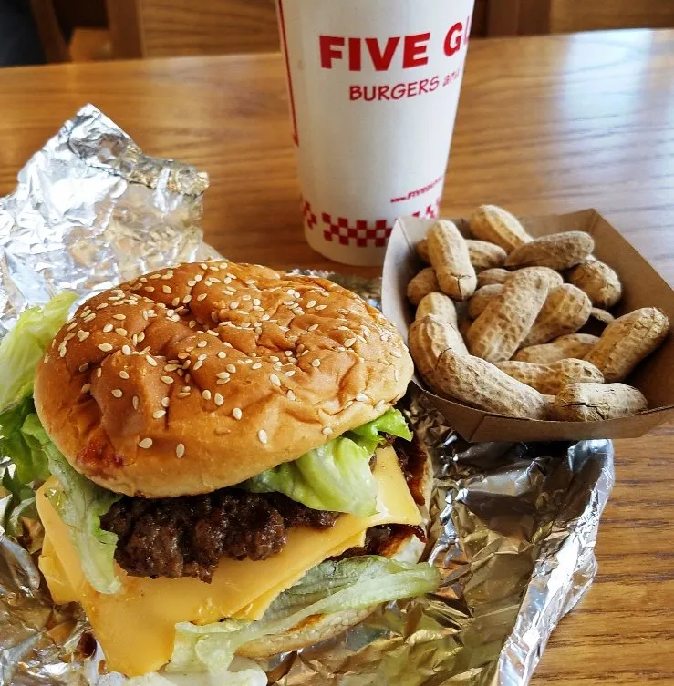 Cheeseburger and peanuts at Five Guys North Hills in Raleigh - nctriangledining.com