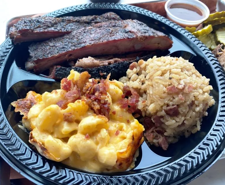 Two meat combo (ribs, brisket) with mac n cheese and barbeque rice at Prime Barbecue in Knightdale - nctriangledining.com