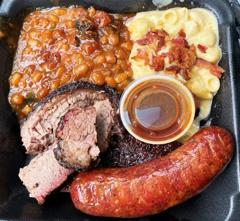Two meat combo (brisket, sausage) with baked beans and mac n cheese at Prime Barbecue in Knightdale - nctriangledining.com