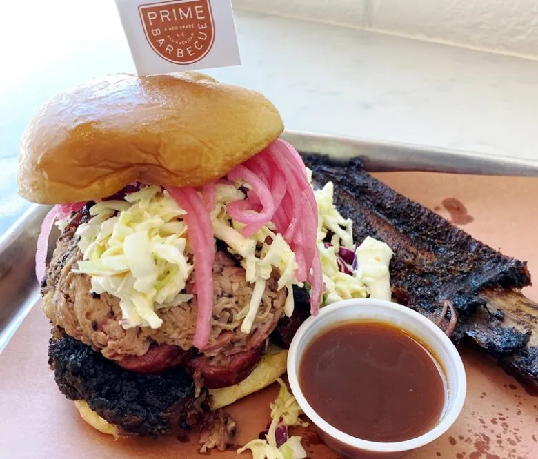 Full Nelson sandwich (beef rib, sausage, pork) at Prime Barbecue in Knightdale - nctriangledining.com