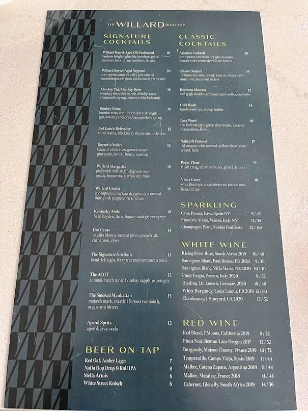 Beer-cocktail menu at the Willard Rooftop Lounge in Raleigh - nctriangledining.com