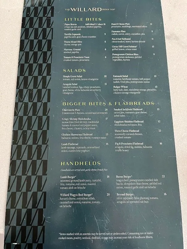 Food menu at the Willard Rooftop Lounge in Raleigh - nctriangledining.com