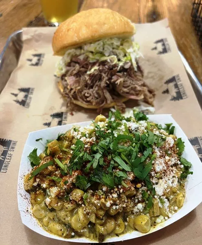 Barbeque sandwich with esquites at Longleaf Swine in Raleigh - nctriangledining.com