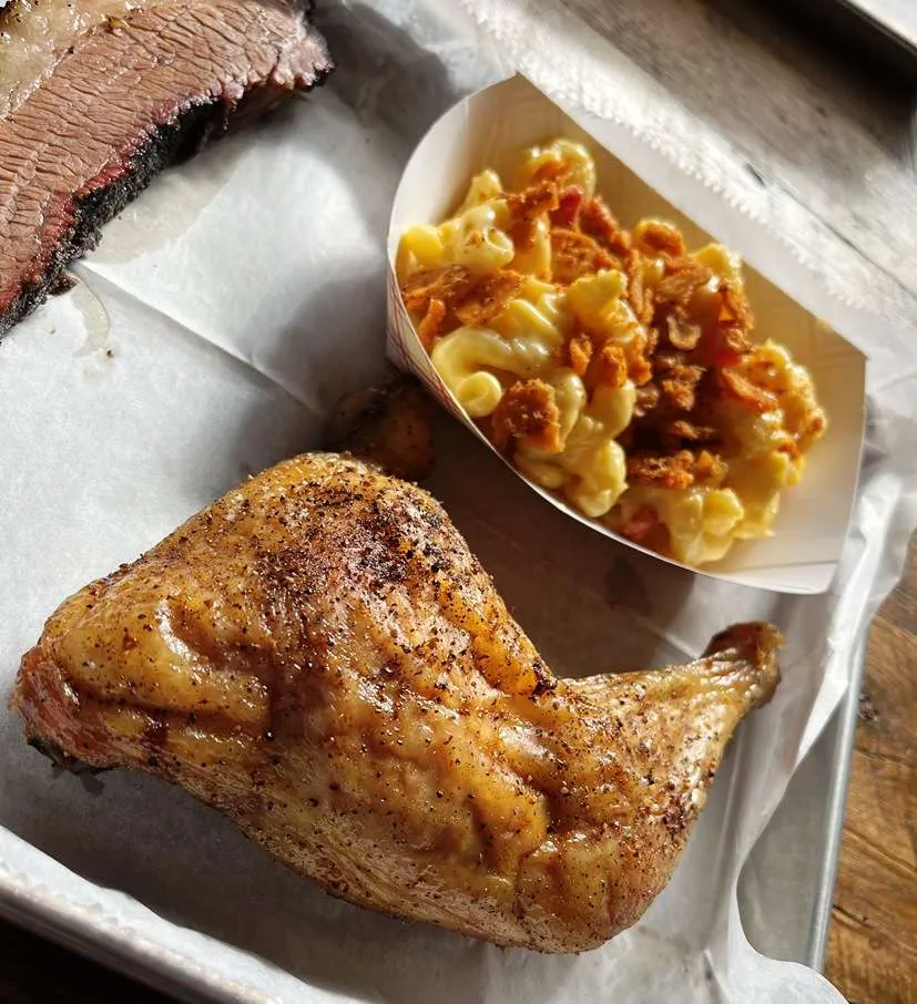Smoked chicken quarter with mac n cheese at Longleaf Swine in Raleigh - nctriangledining.com