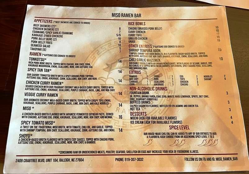 Sample menu at Miso Ramen Bar in Raleigh - nctriangledining.com