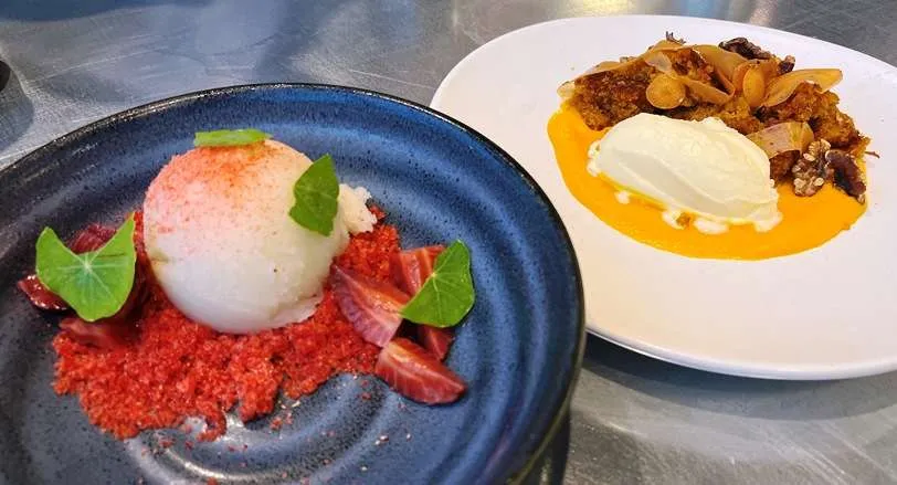 Sake sorbet with strawberryand carrot cake dessert at M Test Kitchen in Cary - nctriangledining.com