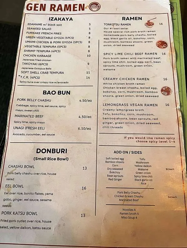 Menu at Gen Ramen in Raleigh - nctriangledining.com