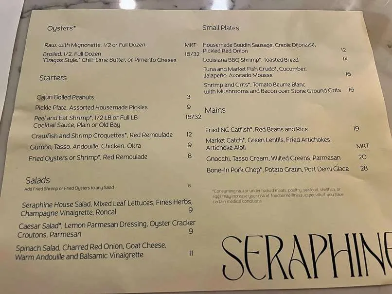 Menu and prices at Seraphine, Durham - nctriangledining.com