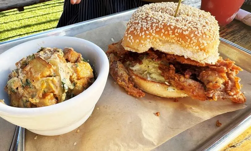 Potato salad, softshell crab sandwich at Standard Beer + Food in Raleigh - nctriangledining.com