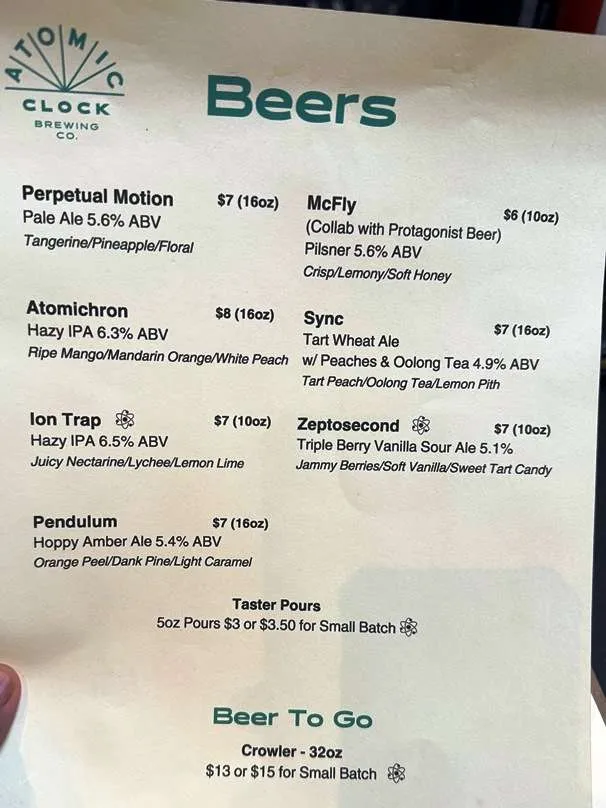 Beer menu at Atomic Clock Brewing in Durham - nctriangledining.com