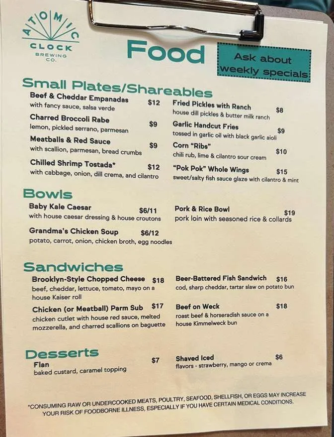 Sample food menu at Atomic Clock Brewing in Durham - nctriangledining.com