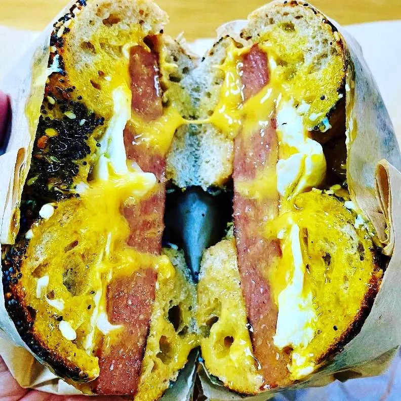 Bacon, egg, cheese sandwich at Benchwarmers Bagels in Raleigh - nctriangledining.com