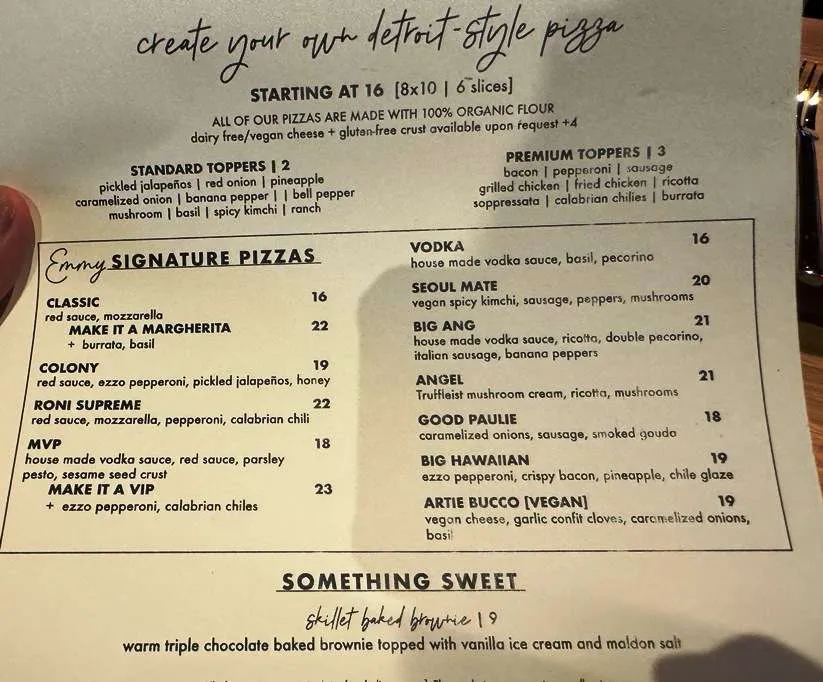Food menu and prices at Emmy Squared in Durham - nctriangledining.com