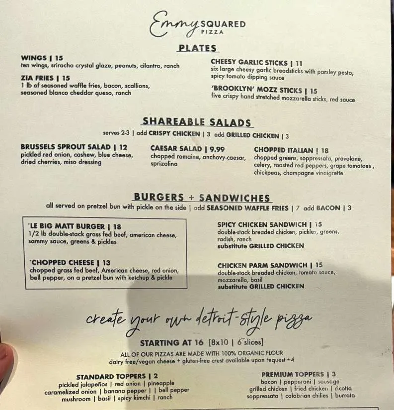 Food menu and prices at Emmy Squared in Durham - nctriangledining.com
