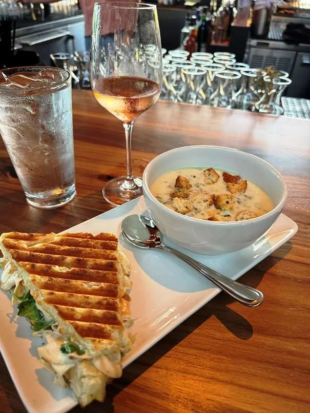 Chicken mozzarella panini and soup at Postino Village District, Raleigh - nctriangledining.com