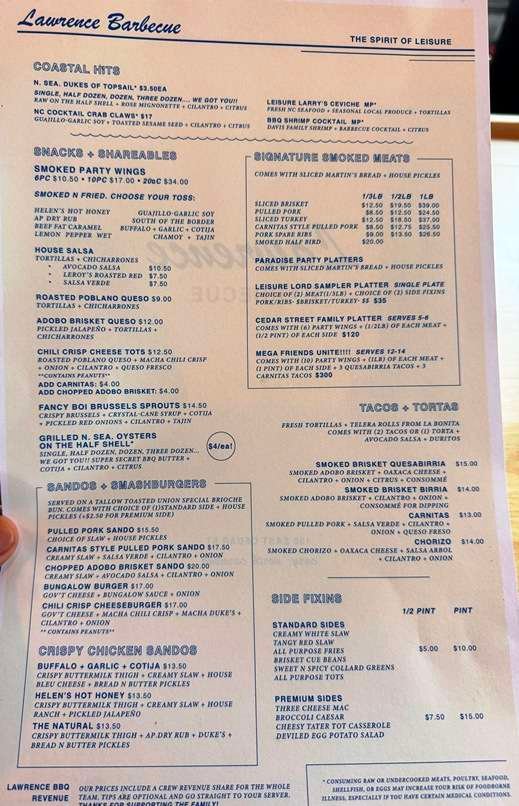 Food menu at Lawrence Barbecue, Cary - nctriangledining.com
