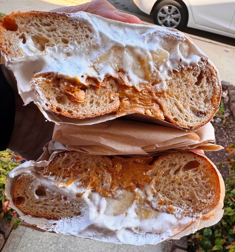Peanut butter, marshmallow, banana sandwich at Benchwarmers Bagels in Raleigh - nctriangledining.com